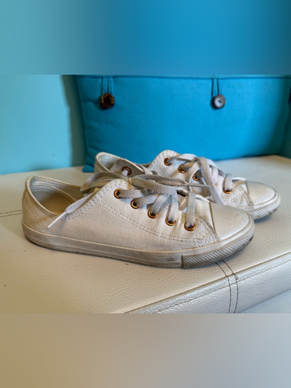 Converse Low-Top Canvas Sneakers in Off-White with Gold Eyelets
